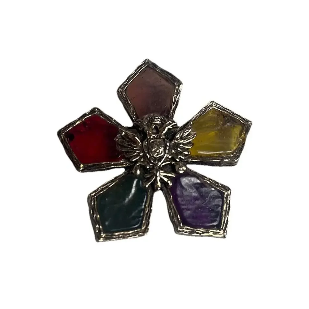 Vintage Coro Venetian Glow Stained Glass Resin Griffin Brooch Heraldic Star